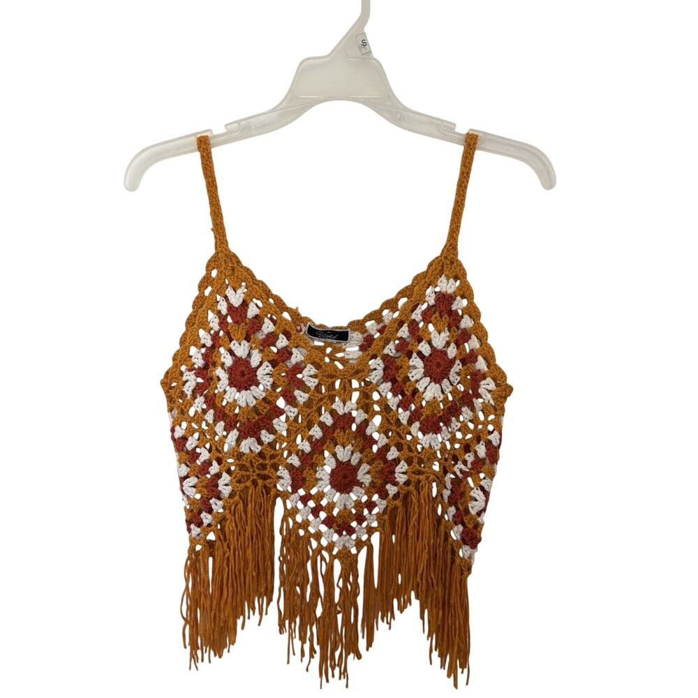 Granny Square Crocheted Crop Fringe Top S/M Boho Festival Hippie Granola